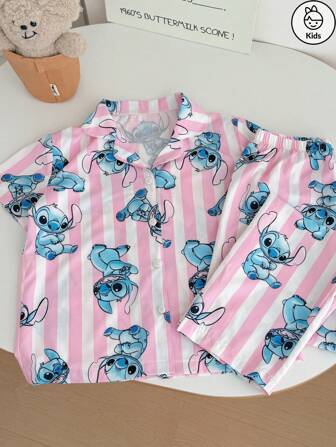 Disney 2pcs Stitch Kids Pajamas Set, Contrast Color Striped Collar Button Front Short Sleeve Top + Long Pants Suit