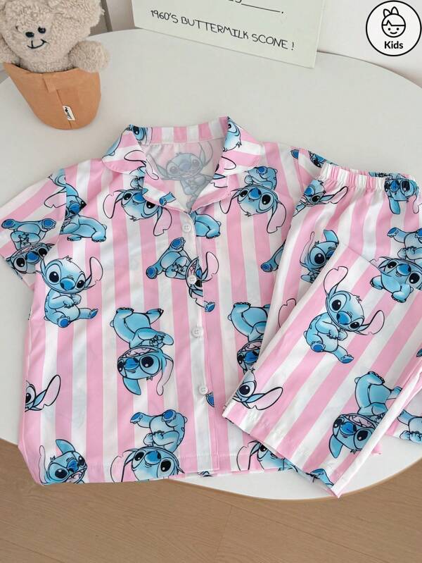 Disney 2pcs Stitch Kids Pajamas Set, Contrast Color Striped Collar Button Front Short Sleeve Top + Long Pants Suit