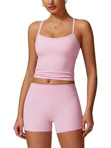 Women's Yoga Outfits Backless Strappy Sports Bra And High Waisted-Lifting Shorts Matching Workout Set - Hồng 1 - Xem 1