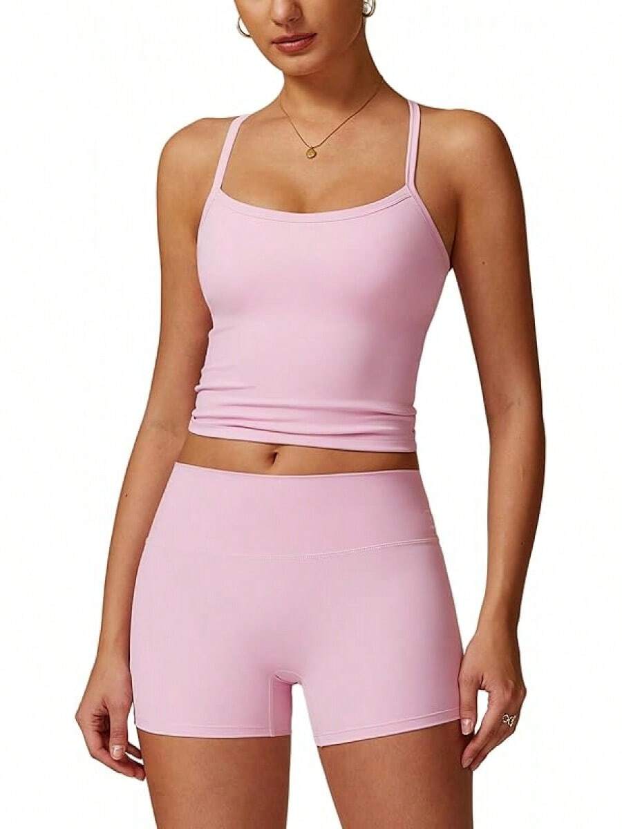 Women's Yoga Outfits Backless Strappy Sports Bra And High Waisted-Lifting Shorts Matching Workout Set - Hồng 1 - Xem 1