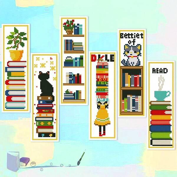 6pcs Cat Bookmark Cross Stitch Kit | 11CT Printed Book & Coffee Cup Pattern | Includes 3-Ply Threads + Tools | DIY Handcraft Gift | Ideal For Literary Youth