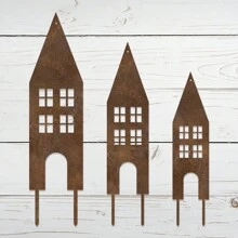 [Rustic Style] 3pcs Rural Metal Castle Garden Stakes - Retro-Style Outdoor, Courtyard And Balcony Decorations, No Electricity Or Batteries Required, Perfect For Halloween And Family-Themed Spaces, Metal Garden Art