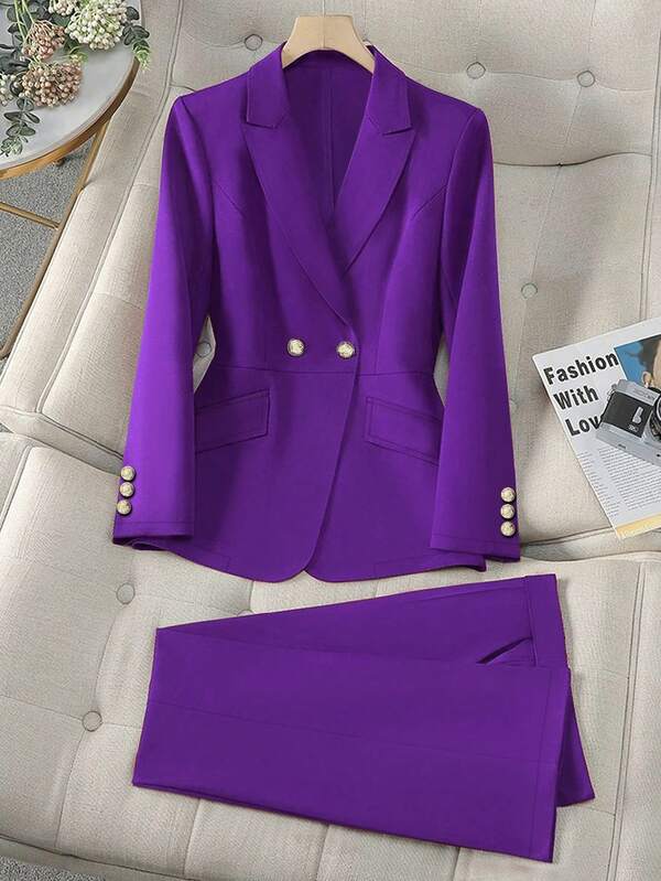 Women's Casual Commuting Solid Color Double-Breasted Fitted Long Sleeve Blazer Jacket & Pants Suit, Spring And Autumn