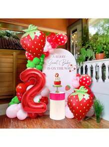 18 piezas Decoraciones de fiesta de cumpleaños con estampado de fresas, incluye globos numéricos rojos de 32 pulgadas del 0 al 9, globos con forma de fresa, globos con puntos verdes y rosas, adecuados para la decoración de la primera fiesta de cumpleaños con tema de fresas, fiesta de cumpleaños, fiesta con tema de bayas, fiesta de baby shower, suministros para fiestas con tema de fresas