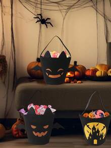 1 peça de balde de abóbora de Halloween com desenho animado, rosto assustador, asas de diabo, sacola de presente de doces, decoração de festa de doces ou travessuras de lona, bolsa portátil, cesta de armazenamento de doces - Multicolorido - Ver 2