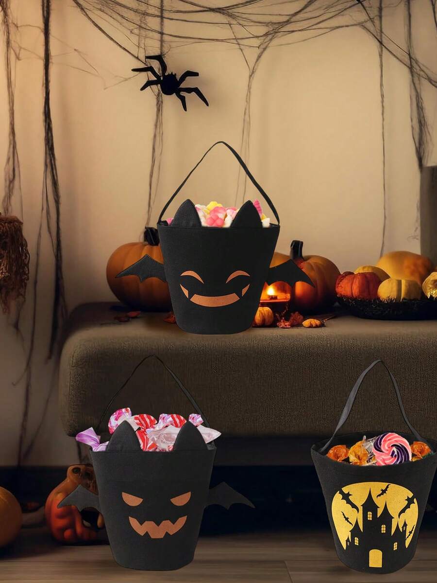 1 peça de balde de abóbora de Halloween com desenho animado, rosto assustador, asas de diabo, sacola de presente de doces, decoração de festa de doces ou travessuras de lona, bolsa portátil, cesta de armazenamento de doces - Multicolorido - Ver 1