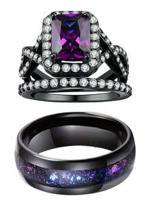 طقم خاتم خطوبة أنيق من الأحجار الكريمة البنفسجية والزركونيا، قطع وسادي اصطناعي، خواتم زفاف، مجوهرات للنساء
