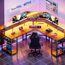 Escritorio Gamer Escritorios Para Oficina Minimalist Con Led,Corner Gaming Computer Desk with Led Lights, Monitor Shelf and Printer Storage Shelves, Two Person Desk,With Monitor Shelf for Home Office Study Writing Workstation - Marrón - Ver 1