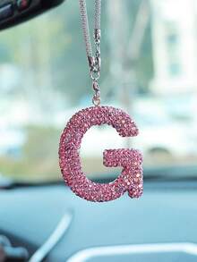 1pc Car Accessories Interior Decor, Full Diamond Pink Letter Car Rearview Mirror Decoration Hanging Ornament - Pink - View 10