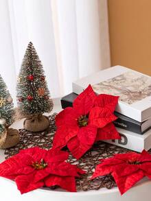 Conjunto de 10 flores artificiais de 20 cm para decoração de árvore de Natal, flores de poinsétia de veludo simuladas, ideais para decorar galhos de árvores de Natal, perfeitas para decoração de casa, quarto, casamentos, festas de fim de ano, mesas de Natal e para montar sua própria árvore e guirlanda natalina. Não requer pilhas. | Decoração de Natal e Ano Novo