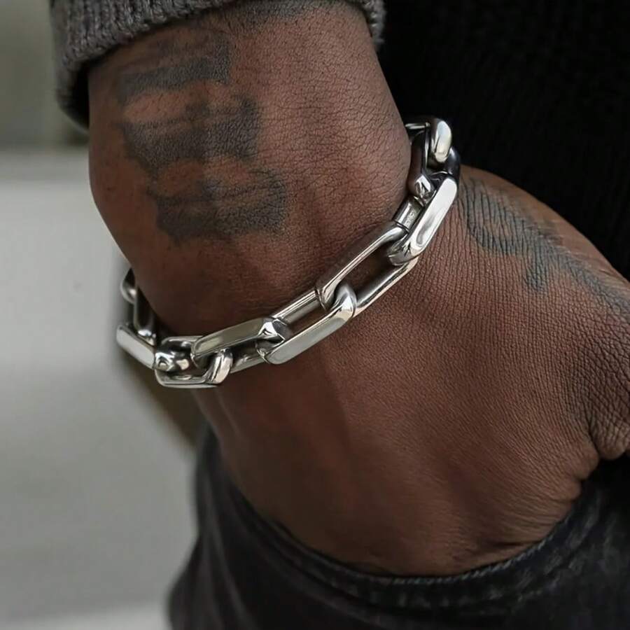 Titanium Steel Men's Cuban Bracelet, Thick Chain, Industrial Hip-Hop Fashion Brand, Jewelry, Trapezoidal Stainless Steel Cross Chain - 19厘米/7.5英寸 - 查看 1