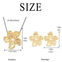 3 件休闲创意花朵吊坠项链耳环新款金色合金颈链女式新款魅力节日派对珠宝夸张立体褶皱金属花朵颈链个性花朵项链