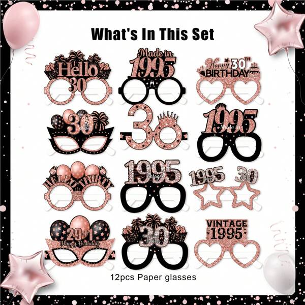 12pcs, 30th Birthday Decorations, Rose Gold Birthday Glasses, Paper Age Party Photo Props, Funny 30th Birthday Party Photo Booth Props, 1995 Party Sign For Home, Living Room, Outdoor Photo Decorations - For 30th Birthday Party Decorations
