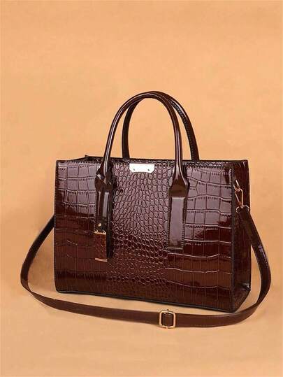 Women's Faux Crocodile Embossed Tote Bag, Large Capacity Shoulder Bag, Handbag, Crossbody Bag Simple Crocodile Pattern Tote Bag, Faux Leather Shoulder Bag, Women's Classic Handbag, Business Casual Women Bag Rookies & White-Collar Workers, Perfect For Back To School, College, Middle School, High School, Work, Business, Commute, Tote Bag Large, Best Fall Inspo Ideas, Eye-Catching Work Bags For Women