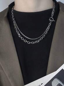 1pc Women Stainless Steel Double Layer OT Clasp Necklace, Minimalist Simple Chain