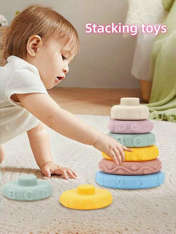 7 pièces de jouets bébé empilables et gigognes, jouets de dentition à presser et jeu de construction avec figurine de cheval, cadeaux éducatifs de Noël précoces pour bébés de 6 mois et tout-petits filles (édition classique)