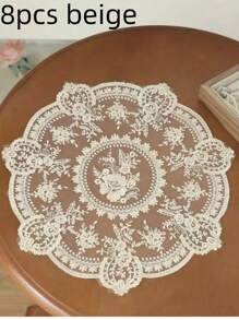 1pc, Exquisite Round Lace Tablecloth-Unique Hollow Design With Crochet Flower Pattern, Thermal Insulation, Woven Materials, Multifunctional Table Mats, Coasters, Placemats-Retro Style, Bedside Table Decoration, Dust Cover, Room Decoration Lace Tablecloth, Mother's Day Gift.
