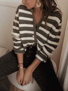 Jesienny nowy modny uniwersalny kardigan w paski zapinany na guziki - Wielokolorowe - Zobacz 3