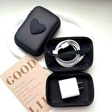 PU 皮革心形耳机和充电器盒带拉链 - 防掉落设计，线缆整理器，无需电池，适合夏季假期旅行、户外活动旅行必需品 - 彩色 - 查看 7