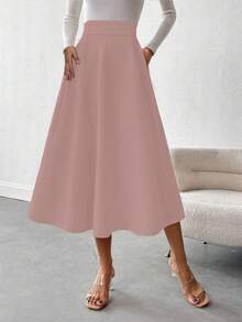 女士优雅通勤黑色松紧腰高腰半身裙，秋冬 - 淺粉色 - 查看 2
