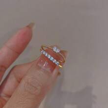 2pcs Women's Adjustable Open Crystal Heart Design Rings, Sweet & Fresh