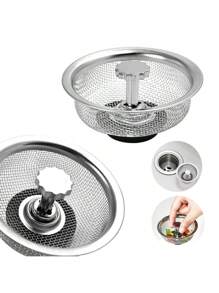 1PC Stainless Steel Sink Strainer Basket - Drain Cover With Rubber Stopper, Replaceable Kitchen Sink Filter & Hair Catcher