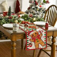 1 pieza Camino de mesa navideño con diseño de hombre de jengibre y decoración de caramelos, decoración roja y verde para restaurante, fiesta, interior/exterior, decoración de mesa de lino para fiesta de Navidad vintage - Fácil de limpiar - Decoración navideña de hombre de jengibre, Fibra de poliéster de alta calidad para el hogar - Multicolor - Ver 4