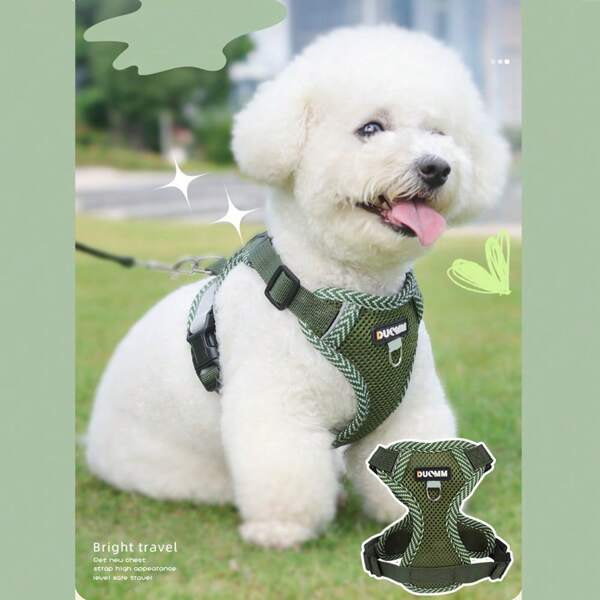 New Printed Pet Chest Back Strap + Leash Set Breathable Mesh With Reflective Strip, Adjustable, Soft And Comfortable Walking Rope For Small Dogs