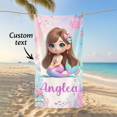 1pc Customized Name Cute Mermaid Pattern Beach Towel - Super Soft, Quick-Drying, Highly Absorbent Beach Bath Towel - Suitable For Swimming Pools, Travel, Yoga, Camping And As Graduation Travel Gifts, A Must-Have For Summer Travel, Travel Accessories, Beach Accessories.,Bath Towel , Industrial