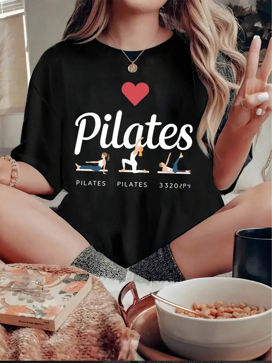 Unisex Creative Fun English Heart Print Women's Casual Sports T-Shirt, Round Neck Short Sleeve Comfortable Summer Top - Black - View 1