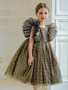 小女孩黑色连衣裙，金色星星印花网纱喇叭袖，优雅公主裙，适合女孩生日派对、宴会、婚礼、花童等场合。 - 黑色和金色 - 查看 8