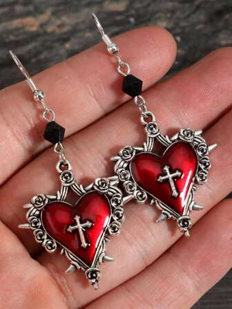 Gothic Dark Vintage Cross, Heart, Rose Flower, Bowknot, Thorn Pendant Beaded Dangle Earrings For Women, Y2K Style