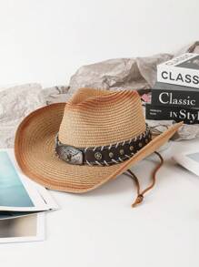 1pc Casual Bull Star Pattern Boho Rivet Bow Straw Sun Hat, Fashionable Versatile Beach Holiday Shade Hat For All Seasons