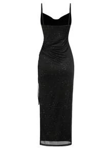 Elegant Shiny Spaghetti Strap Side Drawstring Black Mid-Length Dress, Pleated Fitted High Slit Cocktail Party Clubwear Vacation, Spring/Summer - Black - View 8