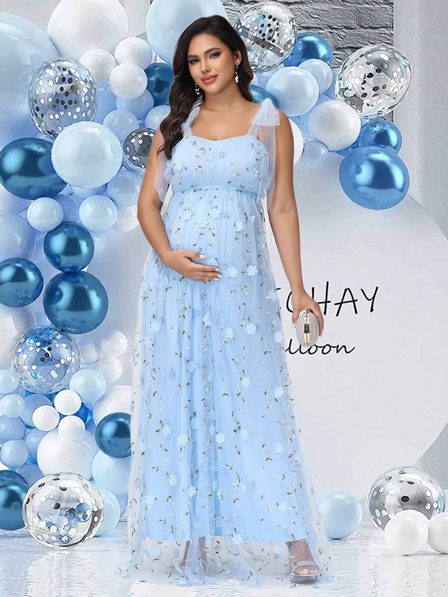 JustVH 孕妇吊带花卉网纱连衣裙，适合迎婴派对、婴儿派对、写真拍摄，夏季长款礼服，春假穿着 - 藍色 - 查看 1