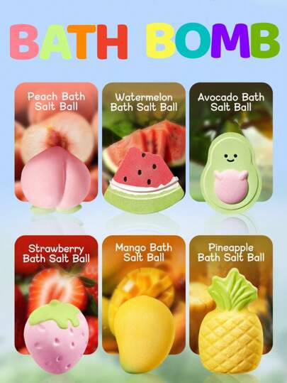 Fruit Scented Bath Fizzers, 6 Flavors: Pineapple, Peach, Strawberry, Watermelon, Mango, Avocado, Brightening, Moisturizing, Relaxing Bath Salt Bombs