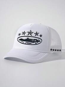 1 pièce Chapeau de soleil en maille avec lacet ajustable, étoile à cinq branches brodée. Convient pour les voyages en extérieur, la plage, le printemps/automne, style unisexe Y2K