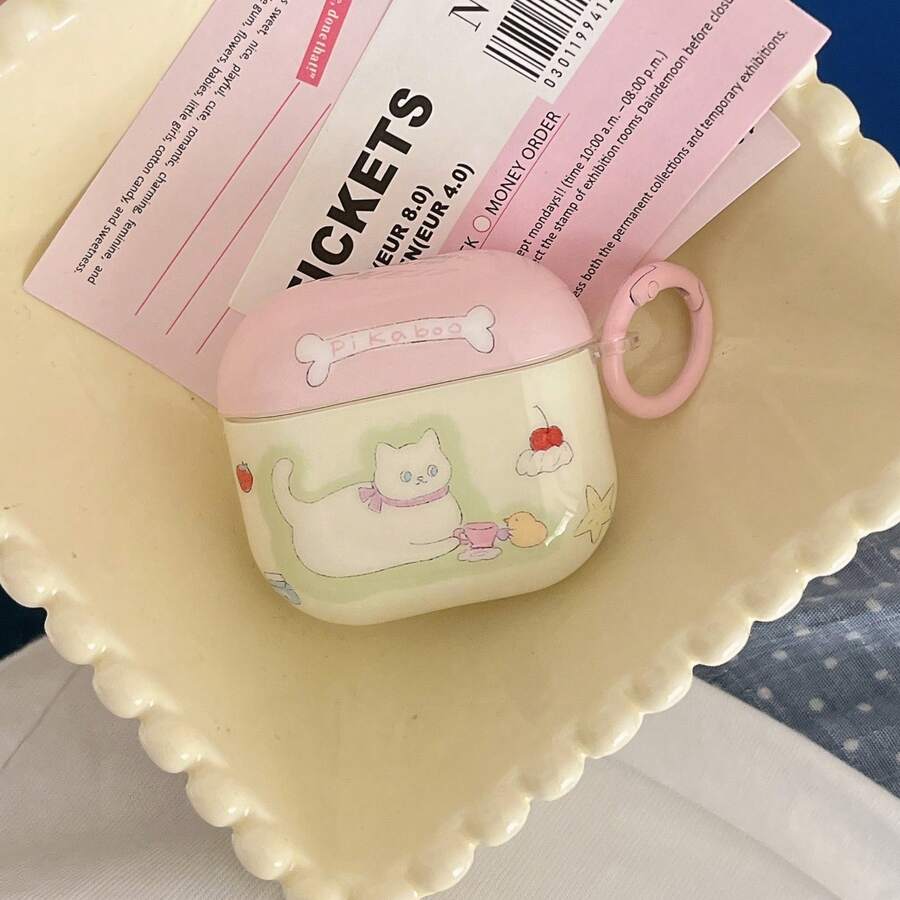 法式浪漫野餐粉红猫双层IMD耳机盒+卡扣套装 适用于苹果Pro2/Pro/4/3/2手机壳 时尚女款耳机盒 简约耳机盒 - 粉色 - 查看 1