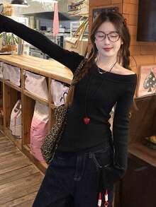 1件女士灰色斜领单肩针织毛衣，修身长袖性感时尚上衣，春季黑色 - 黑色 - 查看 3