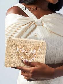 海星风格海滩信封包，带有花朵、星星、贝壳编织设计，海洋主题手拿包，配有链条肩带，适合女士斜挎单肩包 - 米色 - 查看 2