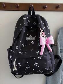 1pc Minimalist Large Capacity Bow Print Backpack With Bow Decor, Cute, School Backpack - Black - View 1