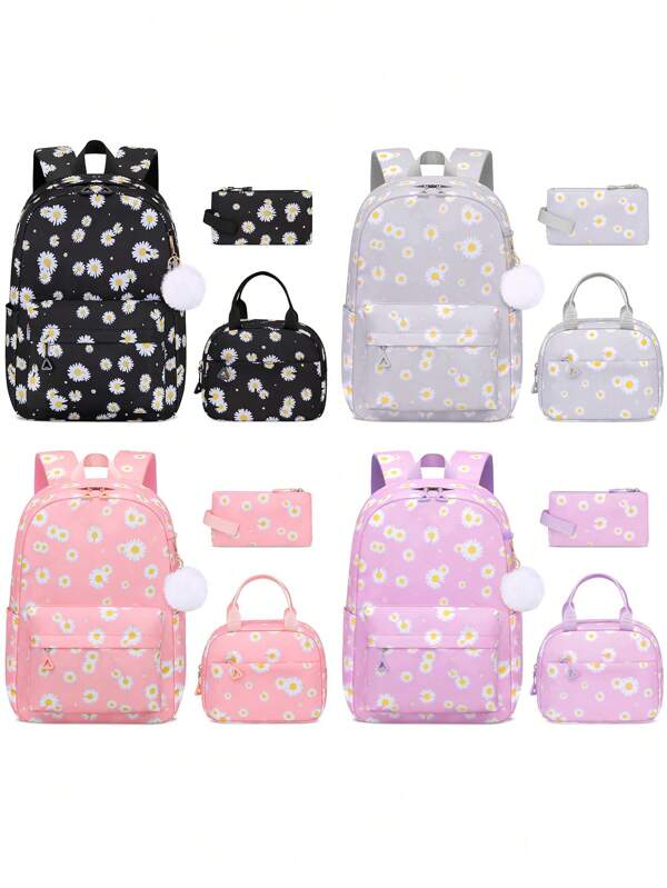 Set de 3 piezas Mochila de niña con margaritas negras: bolsa portacomida, estuche para lápices, mochila escolar casual de moda, correas ajustables ligeras y cremallera suave, adecuada para la escuela, campamento y viajes