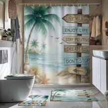 1/4 Stück Tropischer Strand Palmen Thema Badezimmer Set, beinhaltet Duschvorhang, Badematte, U-förmige Toilettenvorlage, Toilettendeckel, wasserdichter Duschvorhang, Badezimmerdekoration, moderne Stil Badezimmer Trennvorhang, ohne Bohren erforderlich, Polyester, maschinenwaschbar