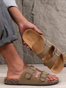 Men Casual Solid Color Buckle Flat Slide Sandals, Black Sandals, White Slippers, Men's Summer Sandals, Couples Shoes, Women Sandals And Slippers, Platform