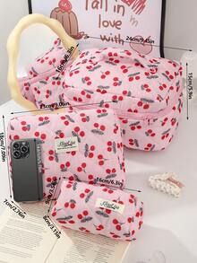 一套可爱樱桃印花化妆包，柔软绗缝拉链化妆收纳包，大容量带提手化妆包，多功能儿童化妆盒，便携式化妆袋，粉色旅行化妆包，女孩返校化妆包，女孩生日/返校礼物 - 彩色 - 查看 11