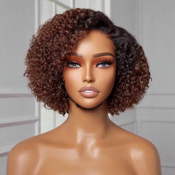 Nouvelles perruques, perruques synthétiques pour femmes, cheveux courts bouclés bruns avec raie sur le côté, 20 pouces