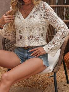 Vacation Style Casual Lace Patchwork Semi-Sheer Button V-Neck Long Sleeve Cardigan - Màu be - Xem 4