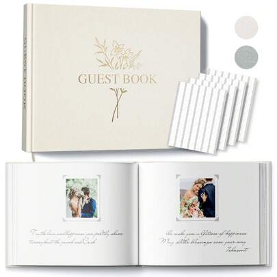 优雅的奶油色婚礼留言簿，金色文字 - 值得拥有更多生动的回忆，NFC 可保存视频、照片，适合签名、迎婴派对、感恩节、生日、婚礼文具 | 优雅的留言簿 | 个性化留言簿 | 科技感十足的留言簿 | 带记忆功能的留言簿