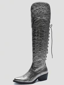 GLOBALWIN Women's Cowboy Western Fashion Over The Knee Thigh High Cowgirl Boots Low Heel Holiday Season Long Boots Fall Winter Spring Boots - Bạc - Xem 1