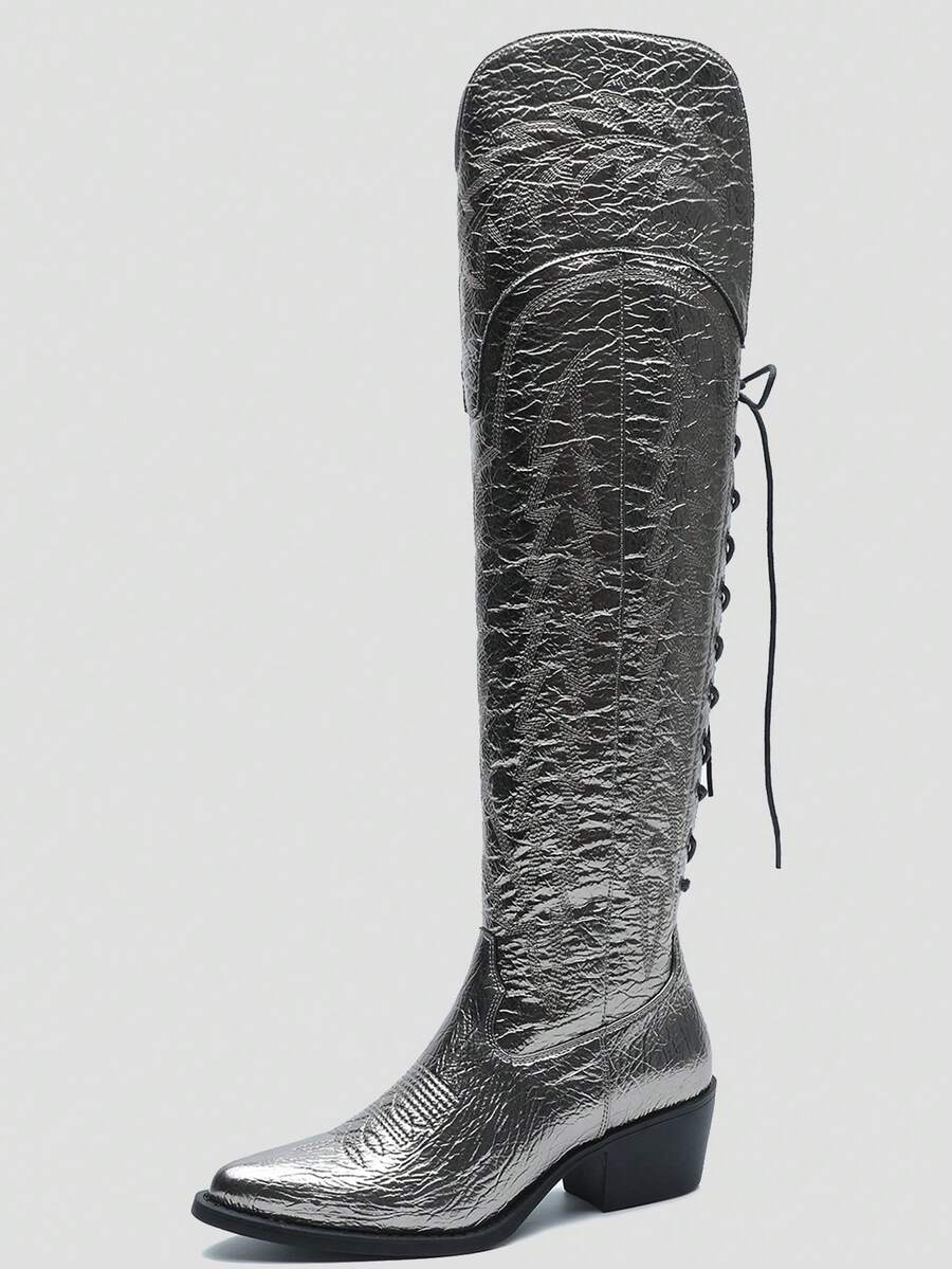 GLOBALWIN Women's Cowboy Western Fashion Over The Knee Thigh High Cowgirl Boots Low Heel Holiday Season Long Boots Fall Winter Spring Boots - Bạc - Xem 1